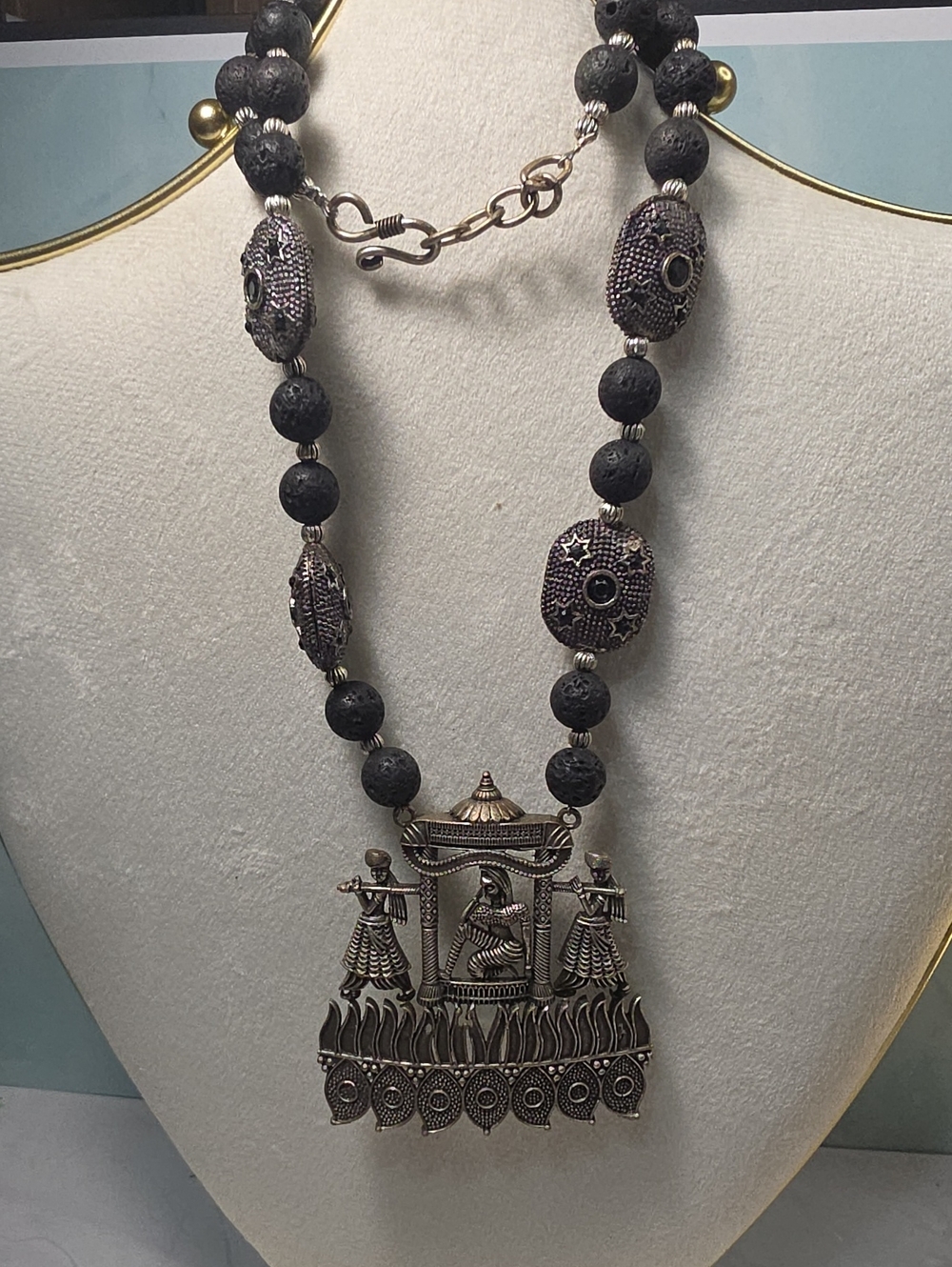 Oxidized Silver-Tone Black Tribal Pendant Necklace